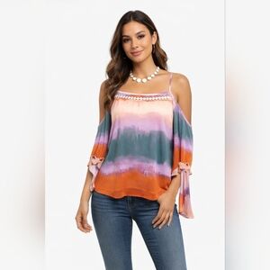 Jessica Simpson Cold Shoulder Blouse Embrodiered Multicolor Art To Wear Size XS